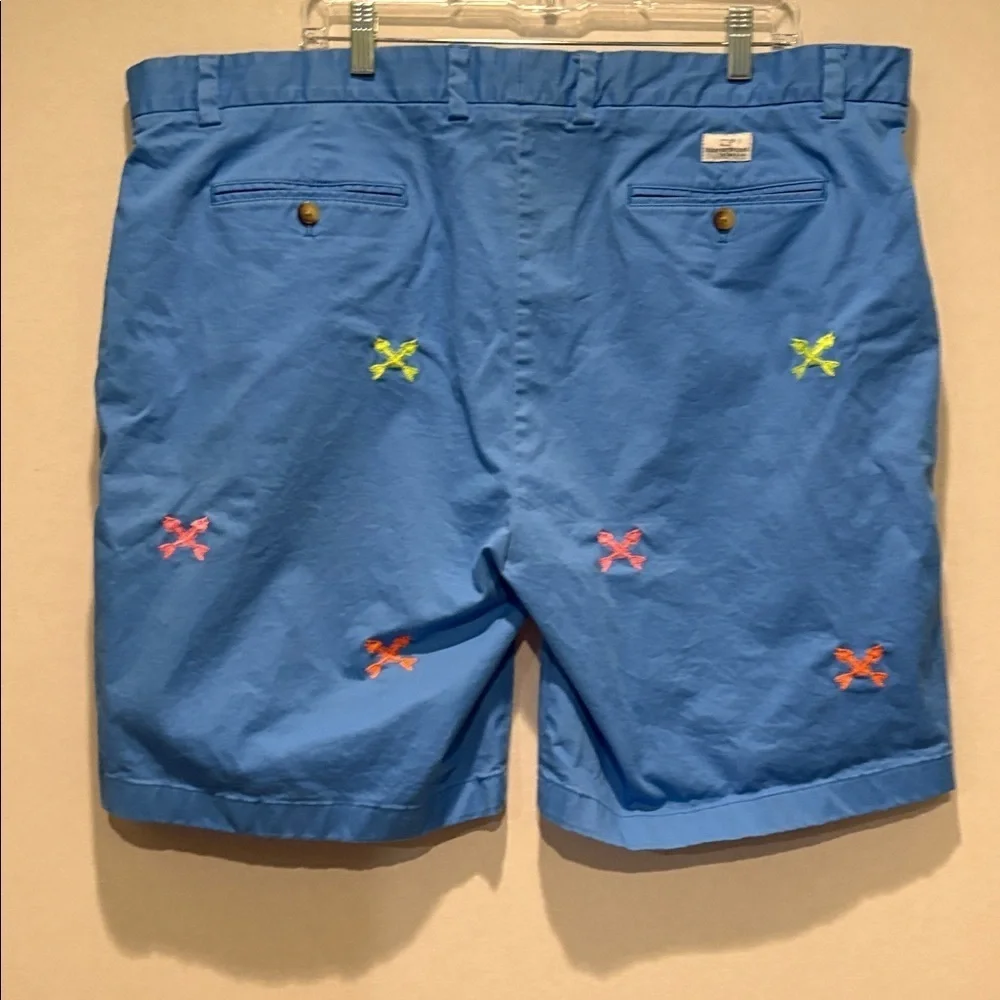 Vineyard Vines - Men's Breaker Short. Embroidered Fish Skeleton.  Blue. Size 42